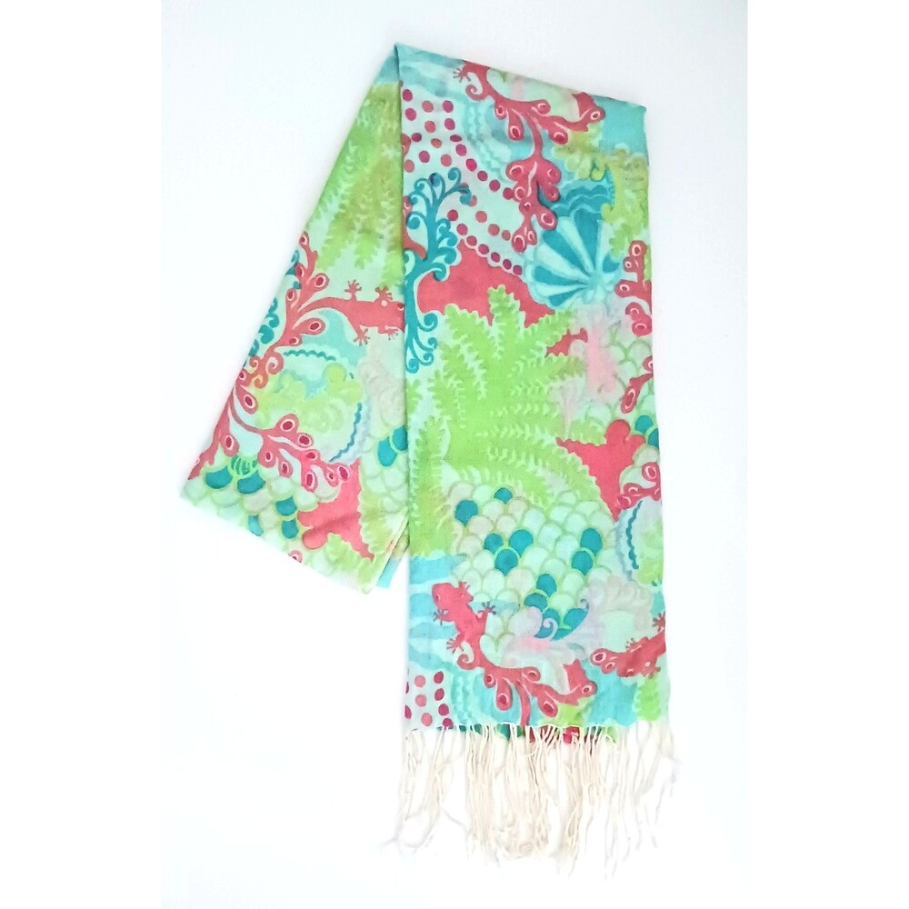 Lilly Pulitzer Murfee Silk Cashmere Scarf Check in Gecko Print Fringe Edge